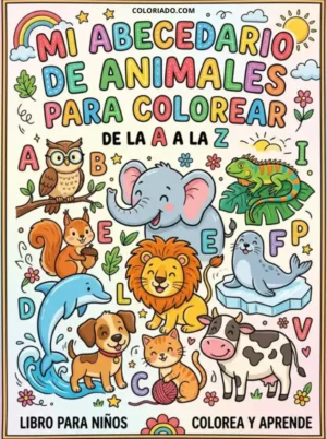 Portada de libro de colorear abecedario de animales para niños. Aprende de la A a la Z con dibujos para colorear.