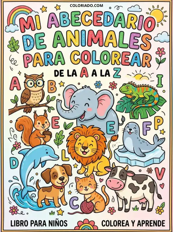 Portada de libro de colorear abecedario de animales para niños. Aprende de la A a la Z con dibujos para colorear.