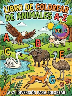 Portada de libro de colorear abecedario animales Volumen 4. Continuación educativa ABC para niños preescolares.