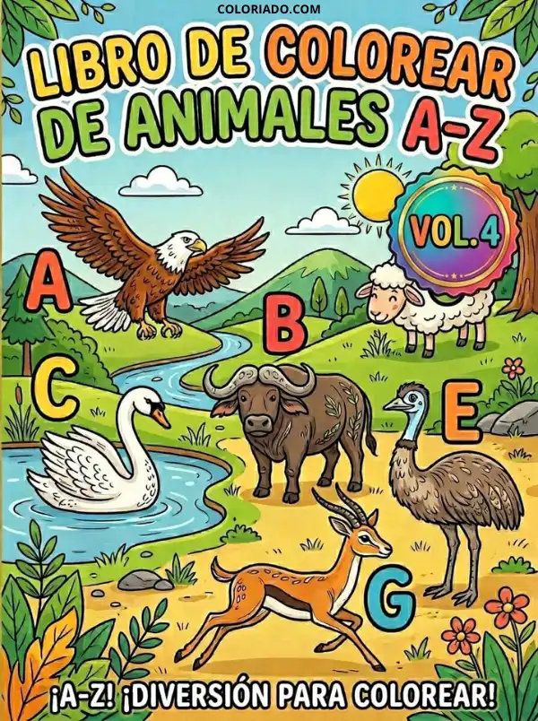 Portada de libro de colorear abecedario animales Volumen 4. Continuación educativa ABC para niños preescolares.