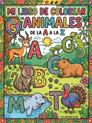 Portada de libro de colorear del Abecedario A-Z Volumen 5. Último volumen educativo para niños que aprenden de la A a la Z.
