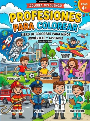 Portada de libro para colorear abecedario de profesiones A-Z. Juego de roles y desarrollo social para niños preescolares.