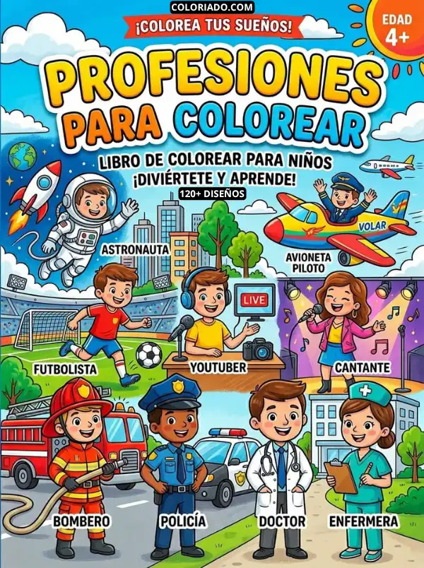 Portada de libro para colorear abecedario de profesiones A-Z. Juego de roles y desarrollo social para niños preescolares.