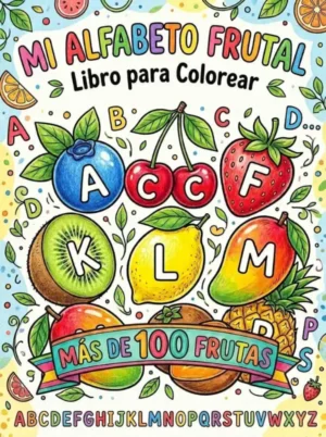 Portada de libro para colorear abecedario de frutas de la A a la Z. Actividad educativa preescolar para aprender letras y frutas saludables.