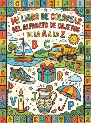 Portada de libro para colorear abecedario de objetos A-Z. Actividad educativa para niños de preescolar para aprender letras y cosas cotidianas. También desde la comodidad del hogar.