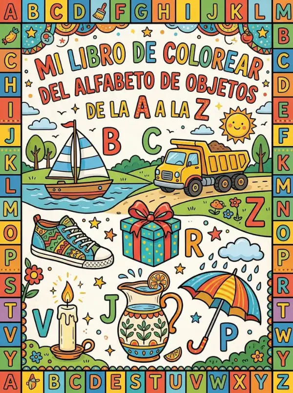 Portada de libro para colorear abecedario de objetos A-Z. Actividad educativa para niños de preescolar para aprender letras y cosas cotidianas. También desde la comodidad del hogar.