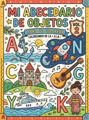 Portada de libro para colorear Abecedario de Objetos Volumen 2. Actividad educativa A-Z de objetos cotidianos para niños.