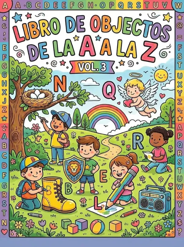 Portada de libro para colorear abecedario de objetos Volumen 3. Actividad avanzada de la A-Z de vocabulario de la escuela para niños