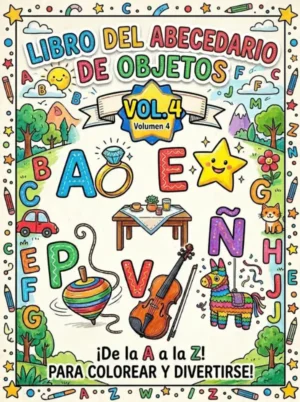 Portada de libro para colorear abecedario de objetos Volumen 4. Actividad avanzada y detallada del vocabulario preescolar. para reforzar el aprendizaje.