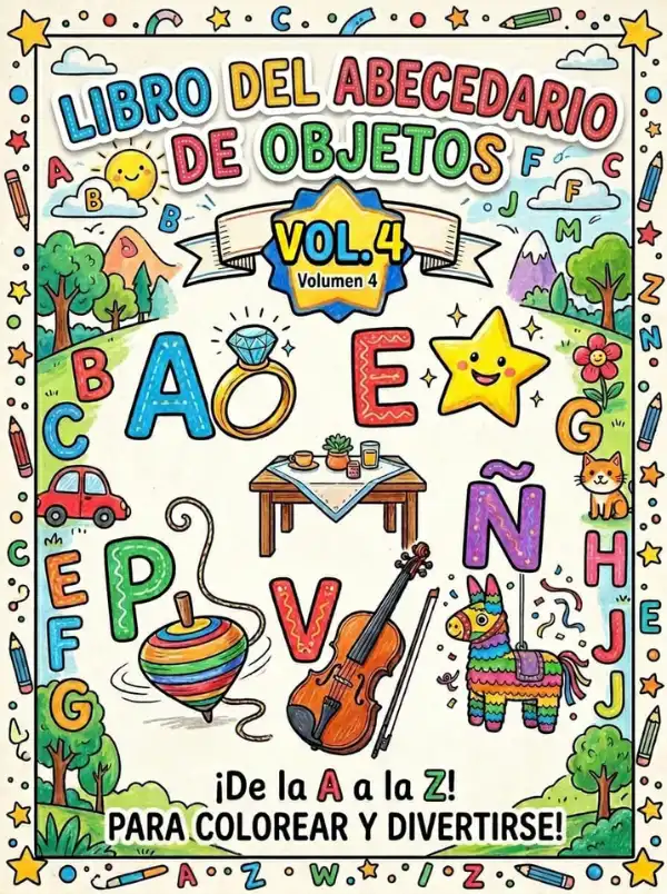 Portada de libro para colorear abecedario de objetos Volumen 4. Actividad avanzada y detallada del vocabulario preescolar. para reforzar el aprendizaje.