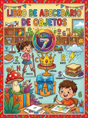 Portada del libro de para colorear Abecedario de Objetos Volumen 7. Material educativo de alta profundidad A-Z para preescolar avanzado.