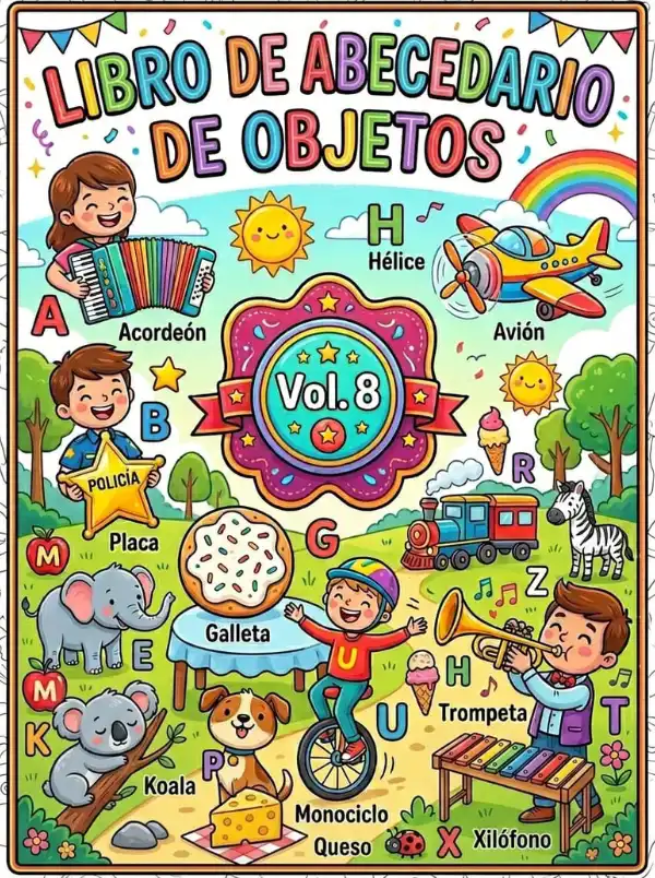 Portada de libro para colorear el Abecedario de Objetos Volumen 8. Último volumen de la colección ABC avanzada y completa para niños.