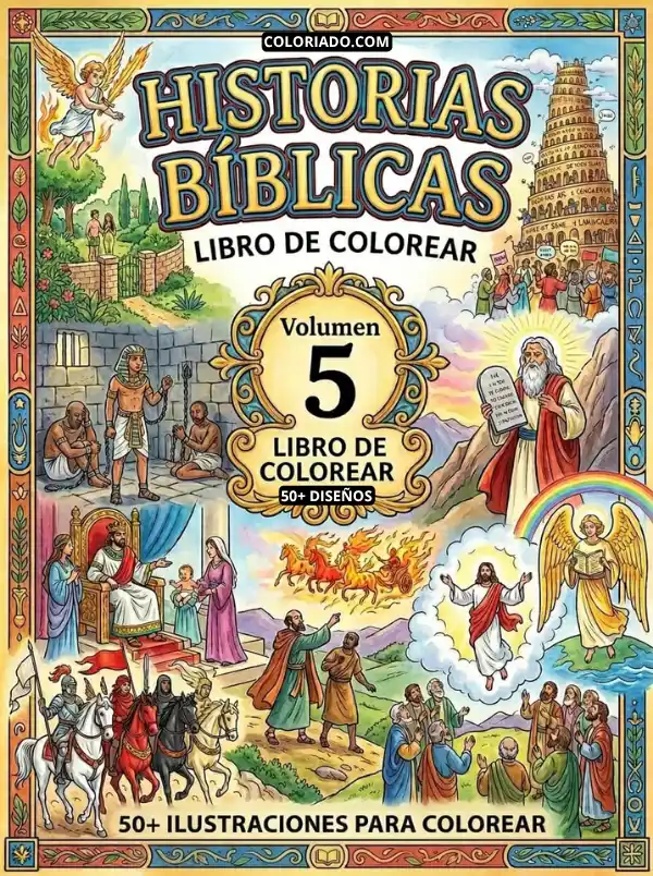 Portada de libro para colorear historias bíblicas Vol. 5. El gran final de la serie y resumen de valores para niños.
