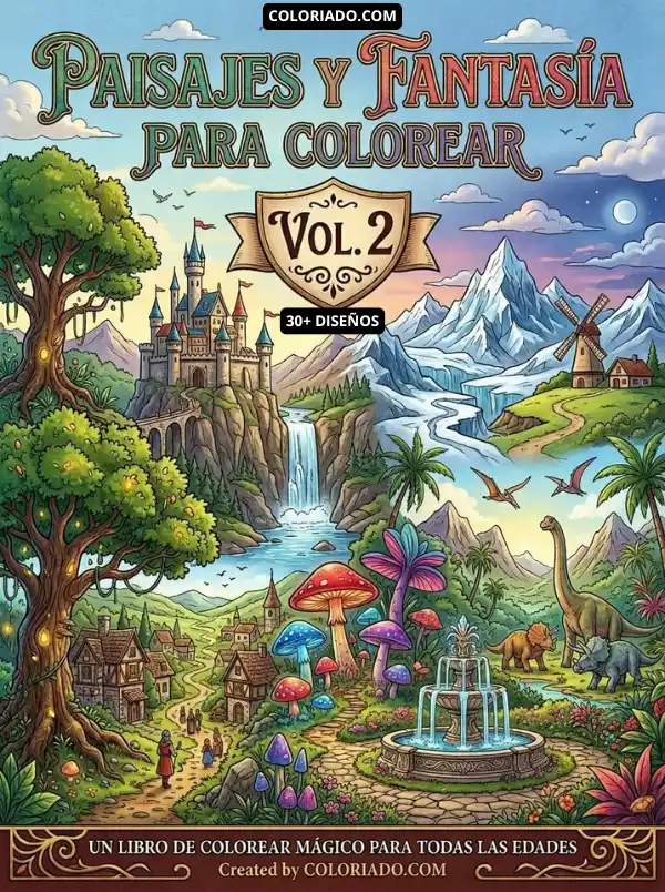 portada de un Libro digital para colorear paisajes de fantasía: castillos mágicos y ríos encantados ideal para niños.