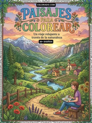 Portada de un libro digital para colorear paisajes naturales, con ríos, montañas y arquitectura para reducir el estrés.