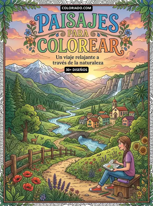 Portada de un libro digital para colorear paisajes naturales, con ríos, montañas y arquitectura para reducir el estrés.