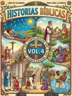 Portada de libro para colorear historias bíblicas Volumen 4. Enseña valores, lecciones de vida y grandes personajes bíblicos a niños.