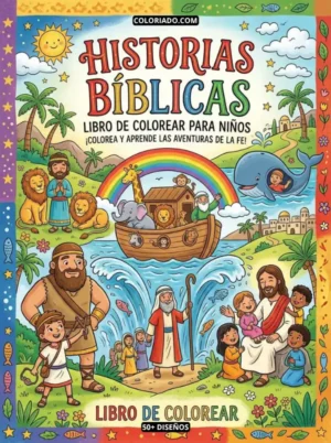 Portada de libro para colorear de historias bíblicas. Aprende la fe y la historia con ilustraciones para preescolares.