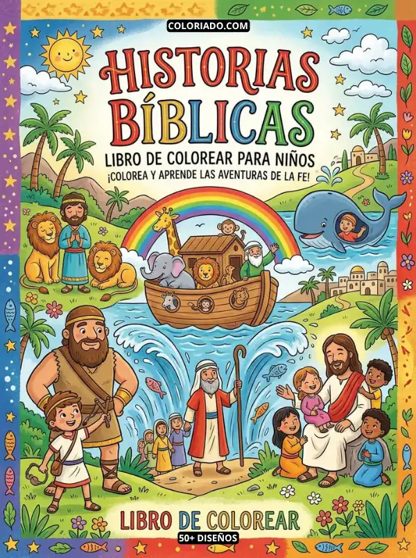 Portada de libro para colorear de historias bíblicas. Aprende la fe y la historia con ilustraciones para preescolares.