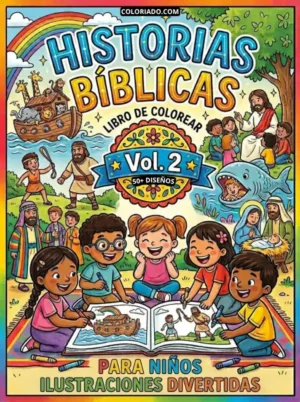 Portada de libro para colorear historias bíblicas Volumen 2. Aventuras de fe y valores para niños de preescolar.