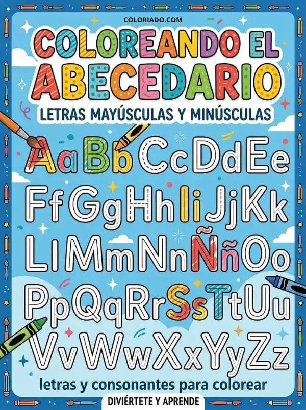 Portada del libro abecedario para colorear. Muestra todas las letras mayúsculas y minúsculas de la A a la Z listas para trazar y aprender.