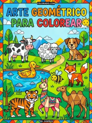 Portada del libro Arte Geométrico para colorear Volumen 1, con diseños educativos para niños, incluye animales y figuras geométricas, PDF.