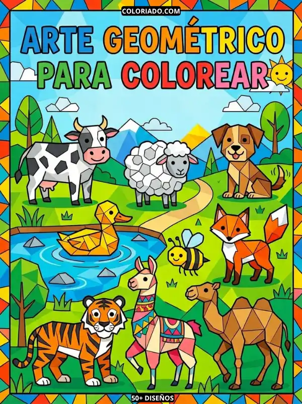 Portada del libro Arte Geométrico para colorear Volumen 1, con diseños educativos para niños, incluye animales y figuras geométricas, PDF.