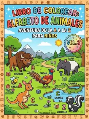 Portada Libro de Colorear Volumen 3. Continuación de abecedario animal A-Z. Actividad preescolar educativa para niños.