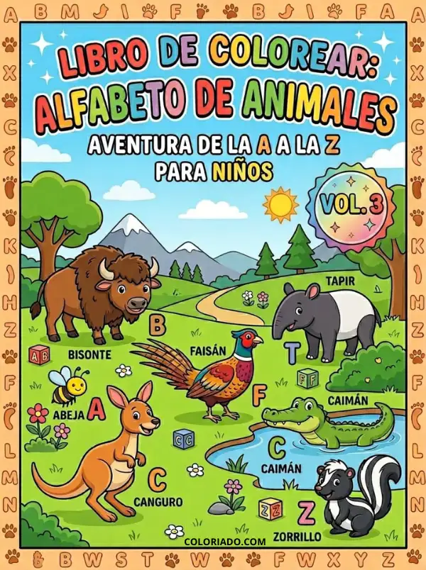 Portada Libro de Colorear Volumen 3. Continuación de abecedario animal A-Z. Actividad preescolar educativa para niños.
