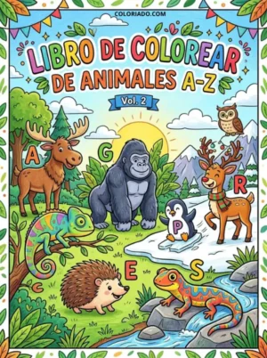 Portada Libro de Colorear Animales A-Z Volumen 2. Actividad educativa para aprender letras y dibujar animales.