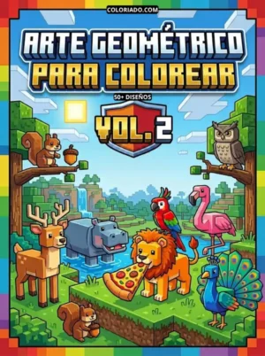 Portada del libro para colorear volumen 2, arte geométrico con diseños de animales (león, ardilla, etc.), actividades artísticas para niños, PDF.