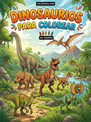 Portada de libro educativo para colorear sobre dinosaurios y la prehistoria. Material imprimible para aprender sobre especies extintas para niños.