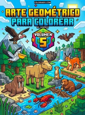 Portada del Libro para colorear Volumen 5, arte geométrico con animales salvajes y naturaleza, patrones geométricos, actividades didácticas para niños, PDF.