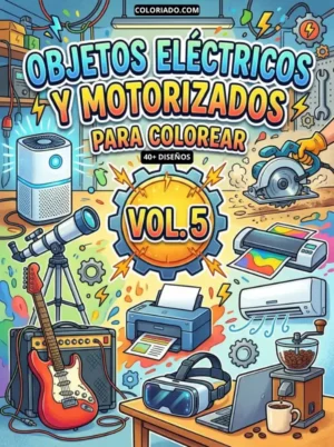 Portada de la mega colección sobre Ciencia y Tecnología para colorear. Incluye instrumentos como telescopios, guitarras, laptops y proyectores, ideales para fomentar la creatividad y el conocimiento científico en niños.