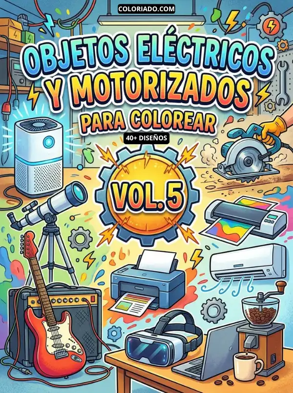 Portada de la mega colección sobre Ciencia y Tecnología para colorear. Incluye instrumentos como telescopios, guitarras, laptops y proyectores, ideales para fomentar la creatividad y el conocimiento científico en niños.