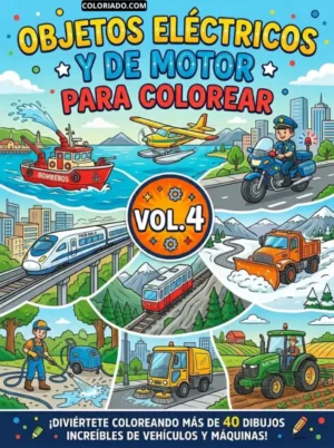 Portada de la mega colección de libros para colorear. Muestra una gran variedad de vehículos: trenes, bomberos, barcos, tractores y coches de policía, cubriendo todas las profesiones.