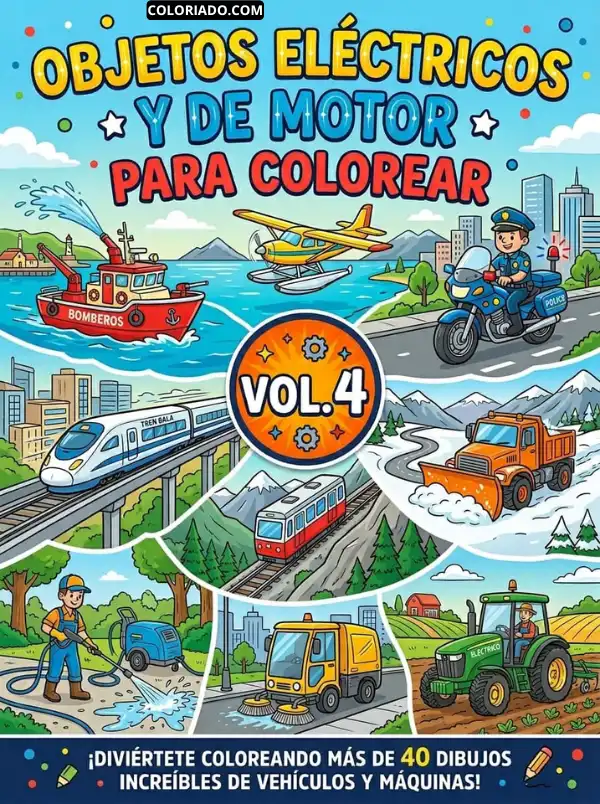 Portada de la mega colección de libros para colorear. Muestra una gran variedad de vehículos: trenes, bomberos, barcos, tractores y coches de policía, cubriendo todas las profesiones.