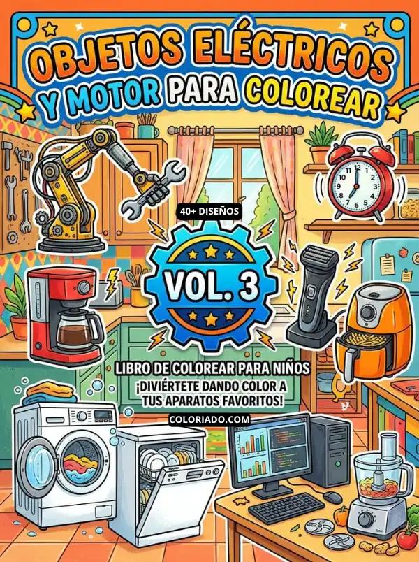 Portada del libro digital de objetos eléctricos para colorear. Muestra electrodomésticos de la vida diaria como tostadoras, lavadoras, cafeteras y aspiradoras, perfectos para aprender en casa.
