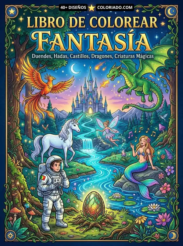 Portada mágica del libro para colorear de fantasía, con duendes, hadas, dragones y castillos. Actividad educativa imprimible para niños.