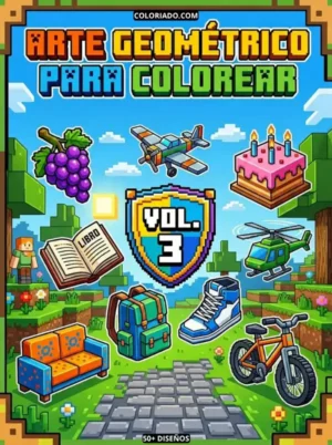 Portada del Libro para colorear Volumen 3, arte geométrico con objetos cotidianos y escolares, material didáctico para niños, PDF.