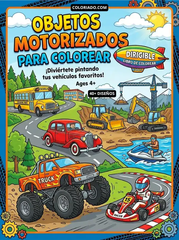 Portada del libro digital para colorear objetos motorizados. Incluye vehículos como camiones, autobuses, excavadoras y coches de carreras, ideal para niños de 4 años.