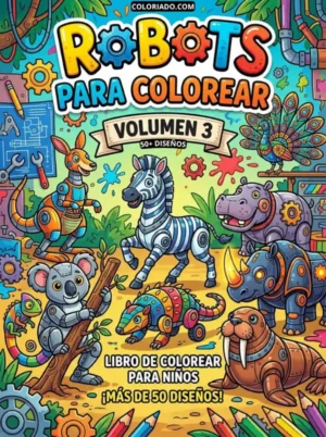 Portada del libro digital para colorear. Muestra robots interactuando en un entorno natural con diferentes especies: elefantes, jirafas, leones y más. Ideal para el aprendizaje de la biología y la tecnología.
