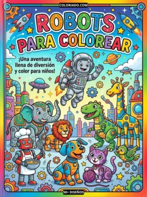 Portada del libro digital para colorear. Muestra robots interactuando con animales (elefante, león, jirafa, perro), ideal para aprender sobre tecnología y la naturaleza.