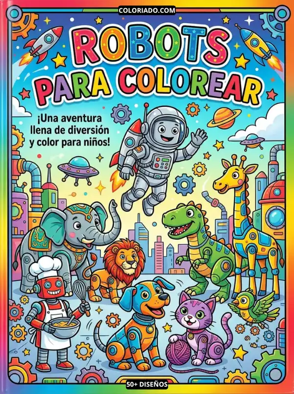 Portada del libro digital para colorear. Muestra robots interactuando con animales (elefante, león, jirafa, perro), ideal para aprender sobre tecnología y la naturaleza.