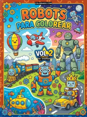 Portada del libro para colorear. Muestra robots y maquinaria industrial (trenes, barcos, helicópteros, robots gigantes), ideal para aprender sobre ingeniería, transporte y la construcción.