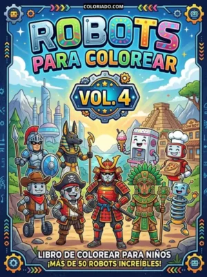 Portada de libro para colorear. Muestra robots con disfraces de diferentes profesiones e históricas: vaqueros, piratas, guerreros, chefs, etc. Ideal para aprender roles sociales.