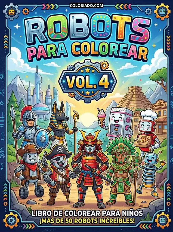 Portada de libro para colorear. Muestra robots con disfraces de diferentes profesiones e históricas: vaqueros, piratas, guerreros, chefs, etc. Ideal para aprender roles sociales.