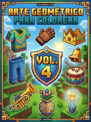 Portada del Libro para colorear Volumen 4, arte geométrico con ropa y objetos, patrones geométricos de colores, material educativo para niños, PDF.