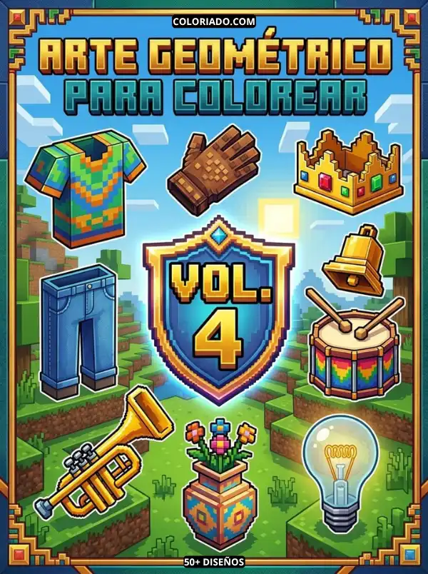 Portada del Libro para colorear Volumen 4, arte geométrico con ropa y objetos, patrones geométricos de colores, material educativo para niños, PDF.