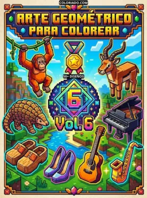 Portada del Libro para colorear Volumen 6, arte geométrico con temática safari, objetos y mas, actividades educativas de la naturaleza, PDF.